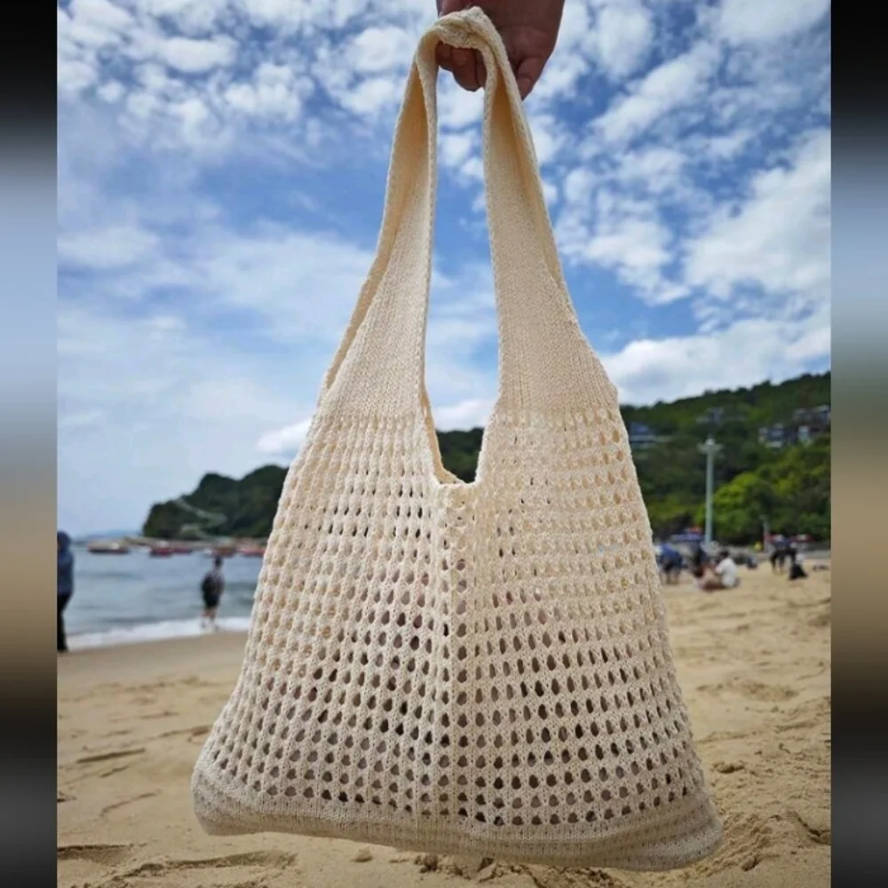 Boho Crochet Apricot Cream Tote Shoulder Bag Beach Bag
